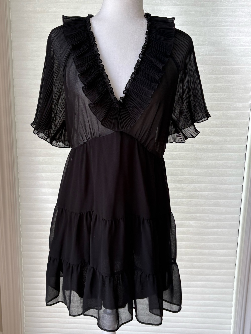 NWT Zara Sheer Black Ruffle V-Neck Dress Tiered Skirt